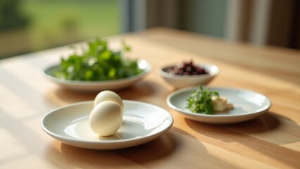 A minimalistic setup of Passover ingredients—parsley, egg, horseradish, and charoset—showcased with soft light, highlighting their symbolic significance.
