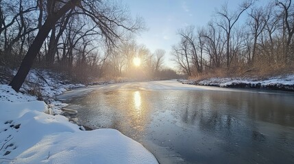 Sunlit frozen river melting into sparkling clear water, framed by tranquil trees and snowy edges.