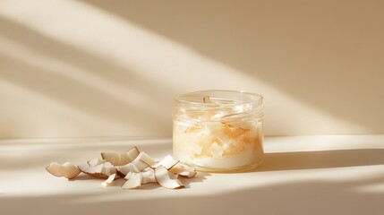 10.A transparent jar of coconut oil in its solid state, with pieces of fresh coconut meat scattered around, set on a smooth beige surface, showcasing its culinary versatility.