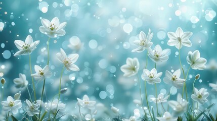 A serene scene of white flowers against a soft blue background with bokeh effects.