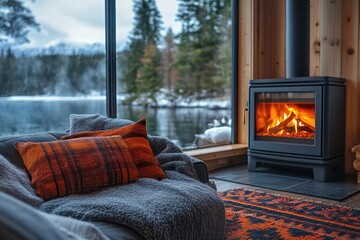 cozy room showcasing a modern pellet stove radiating warmth surrounded by rustic wood accents and soft lighting creating an inviting atmosphere perfect for relaxation on chilly evenings