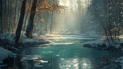 Tranquil frozen river thawing under soft sunlight, with clear water reflecting the forest above.