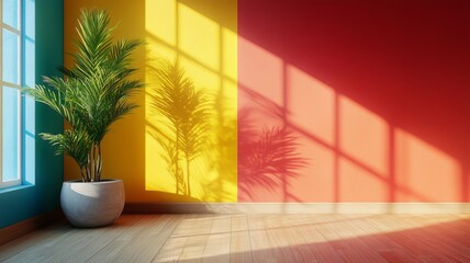 Vibrant Sunlit Room with Colorful Walls and Lush Green Plant in Modern Minimalist Interior Design