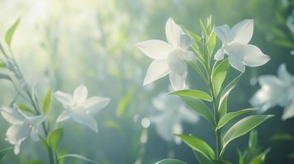Obraz premium Sunlit white orchids blooming in misty garden