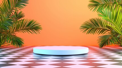 Obraz premium Modern Showcase with Circular Platform and Tropical Greenery