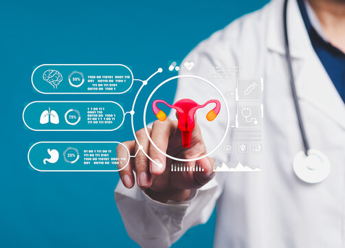 Doctor interacting with holographic reproductive health interface, focusing on gynecology and wellness.
