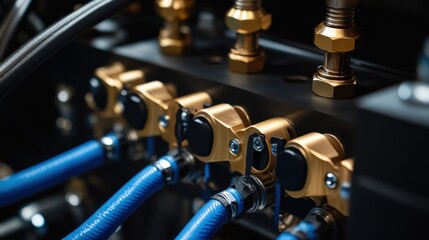 Fototapeta premium Close-up of intricate gold and blue industrial machinery components