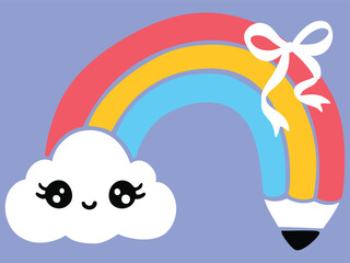 Cute Cartoon Rainbow Pencil with Cute Cloud and bow illustration. Back to School Vector cliparts.
