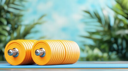 Obraz premium Bright Yellow Dumbbells on a Blue Surface with Green Foliage Background