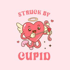 Retro groovy cartoon struck by cupid quotes happy valentines day card template design