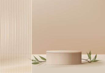 3d background products display podium scene with geometric platform. background vector 3d rendering with podium. stand to show cosmetic products. Stage showcase on pedestal display beige studio