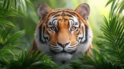 Obraz premium Majestic Tiger Staring Through Lush Green Jungle Foliage