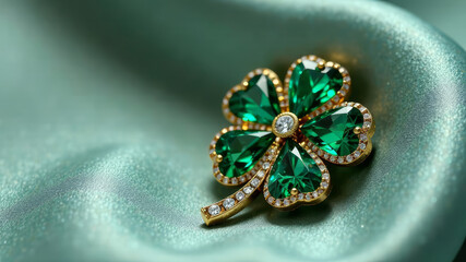 Fototapeta premium Saint Patricks Day green and gold jewelry brooch of shamrock or clover on a light green background, a symbol of the holiday