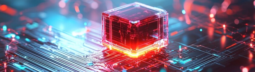 Futuristic microchip glowing with vibrant colors and intricate design.