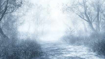 Naklejka premium Misty Winter Path: A Serene Winter Wonderland