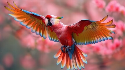 A vibrant parrot in flight against a backdrop of pink blossoms.