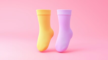 Colorful Yellow and Purple Socks on Pink Background Display