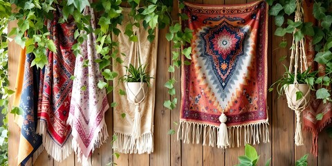 Fototapeta premium Bohemian wall hangings, plants, wooden background. Home decor, interior design