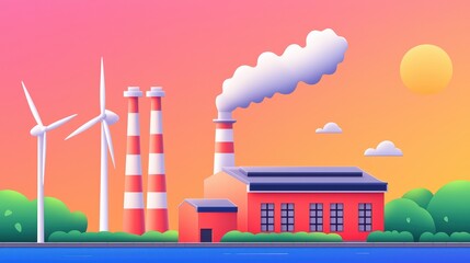 Modern Factory with Wind Turbines and Colorful Sunset Background