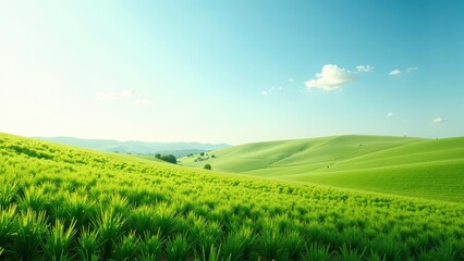 Obraz premium A verdant sea of grass stretches outward under a radiant sun, casting golden hues from the top-left corner while a tranquil azure sky embraces the scene