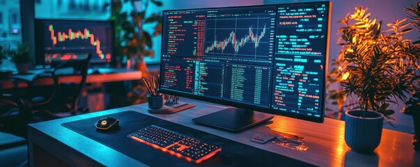 Obraz premium Modern workspace with vibrant dual monitors displaying data charts.