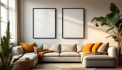 Modern living room interior design, sunlight, cozy sofa, empty frames