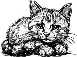 sketch of a cat, black cat, Vector illustration of a hand-drawn, cat in detailed line art style, with no background