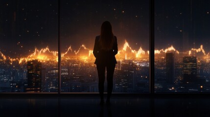 Silhouette of a Businesswoman Observing Cityscape with Financial Graph Overlay at Night, Symbolizing Economic Growth and Investment Opportunities