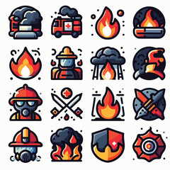 Firefighter and Fire Safety Icons - Vector Illustration