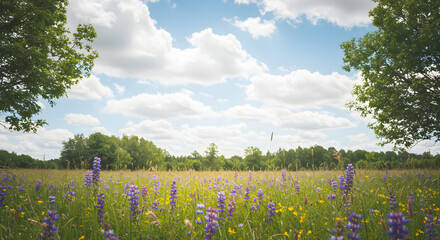 The peaceful vista presents a soft collection of wildflowers and trees, set against a luminous sky aglow with sunlight.