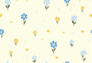 "Charming Flat Vector Illustration of Blue and Yellow Floral Pattern on Cream, Perfect for Vintage Style Decor and Minimalist Projects