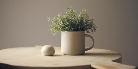 A small plant in a mug with a round container