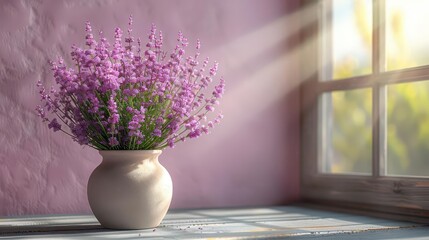 A serene scene featuring a vase of purple flowers on a windowsill with soft sunlight. © FAJIYUSNI