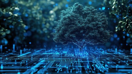 Obraz premium Digital Tree in a Technological Forest: Nature Meets Technology