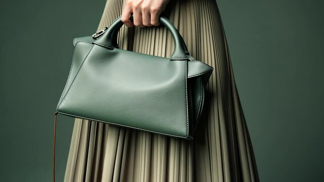 Woman holding sage green leather handbag against a dark green background.
