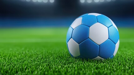 Fototapeta premium Blue and White Soccer Ball on Green Grass Field in a Stadium