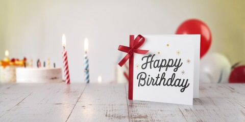 Happy Birthday Card with Red Ribbon and Cake in Background