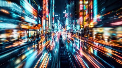 Obraz premium Vibrant Cityscape at Night: A Symphony of Light and Motion in Tokyo's Neon-Lit Streets