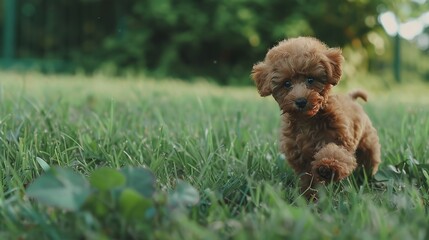 An adorable brown poodle puppy dog sprinting merrily on the grass, displaying its youthful energy and lively charm. A heart - warming scene of a puppy at play.