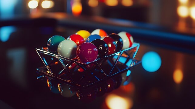 Colorful billiard balls in a metal rack