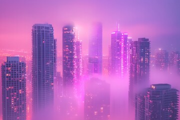 A cityscape shrouded in fog, illuminated by neon lights on tall buildings. The sky is purple and misty, creating an atmosphere of mystery and futuristic urban life. 