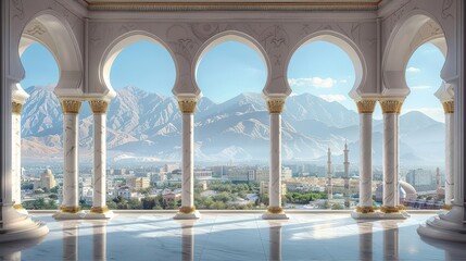 Fototapeta premium A serene view from an ornate archway overlooking mountains and a cityscape.