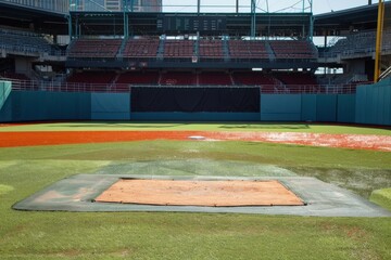 Obraz premium Empty bullpen professional baseball stadium. Practiced pitcher's mound awaits. Stadium atmosphere quality. Lush green field.
