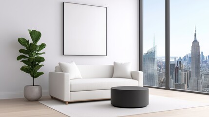 Modern Living Room Interior with City View and Green Plant Decoration