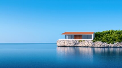Modern Coastal House on Rocky Shoreline Surrounded by Clear Water