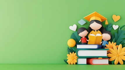 Happy Children and Teacher Celebrating Learning with Books and Nature