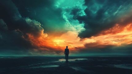Obraz premium Silhouette of a man standing in front of a dramatic and colorful sky, filled with wonder, hope, and mystery.