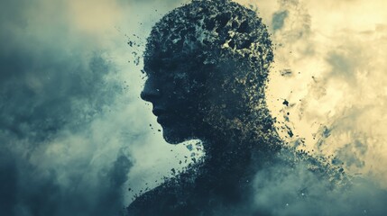 Abstract concept art of a person breaking apart, symbolizing fragmentation, mental health, or transition