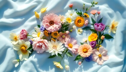 Pastel flowers arranged on fabric, sunlight, spring, flatlay, website design