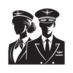 Flight Attendant Silhouette Vector Illustration, Solid White Background.
